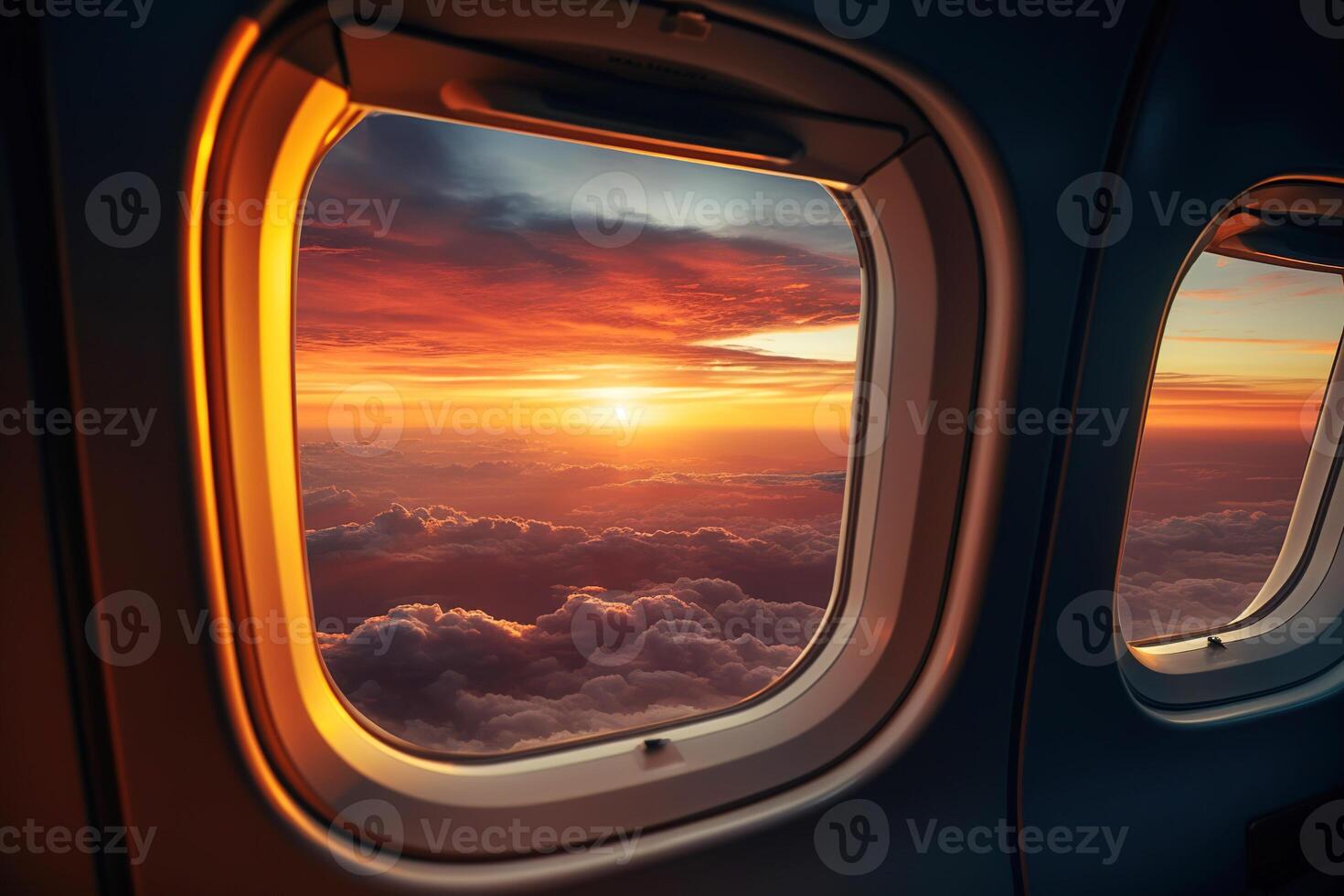 AI generated View from the window of an airplane flying in the rays of the sun, beautifully setting into pink-orange clouds from the inside photo