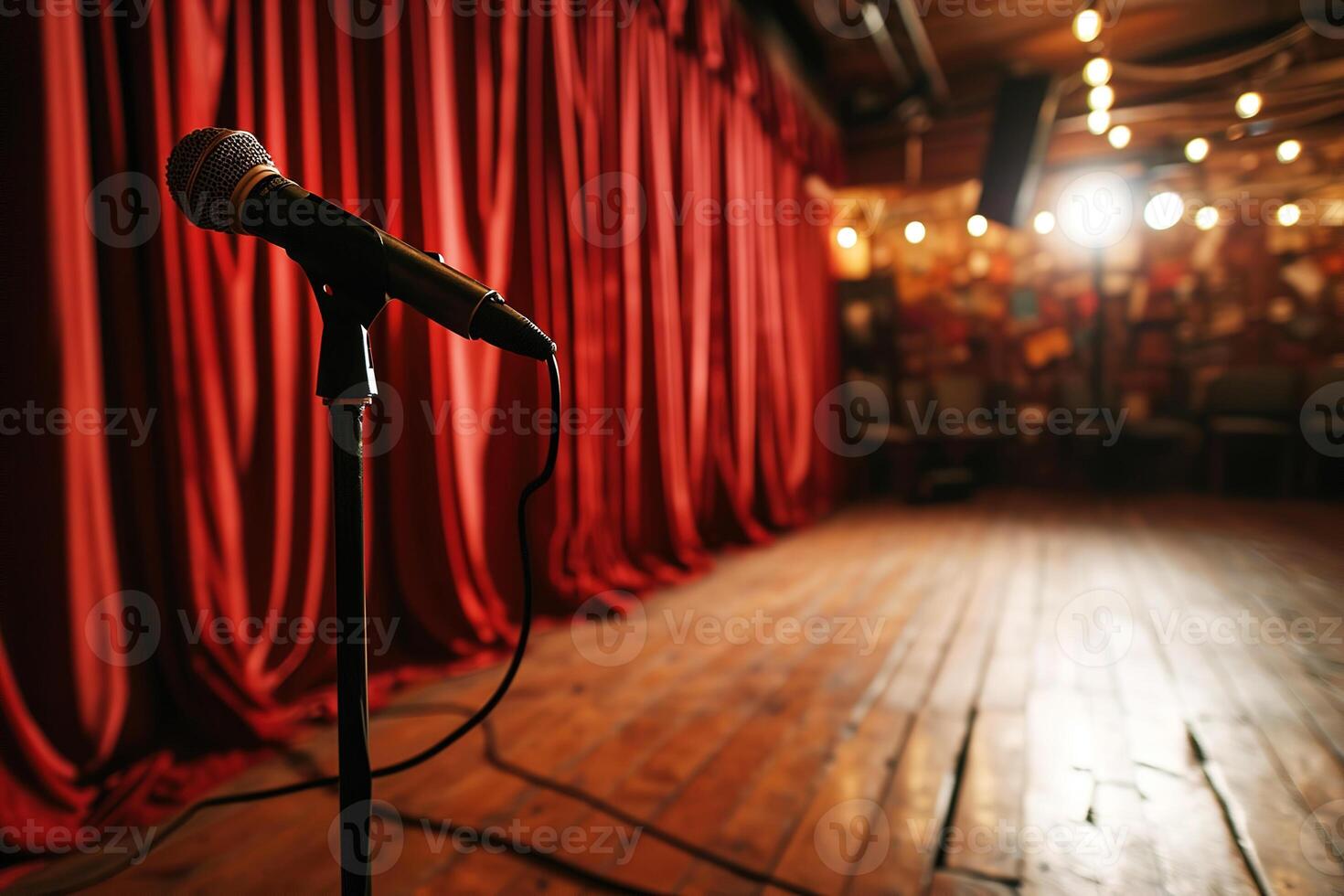 AI generated closeup microphone empty stage of a theater or standup comedy club with red curtain photo