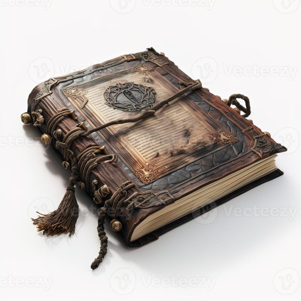 AI generated Ancient magic book in skillfully crafted leather binding on a white background photo