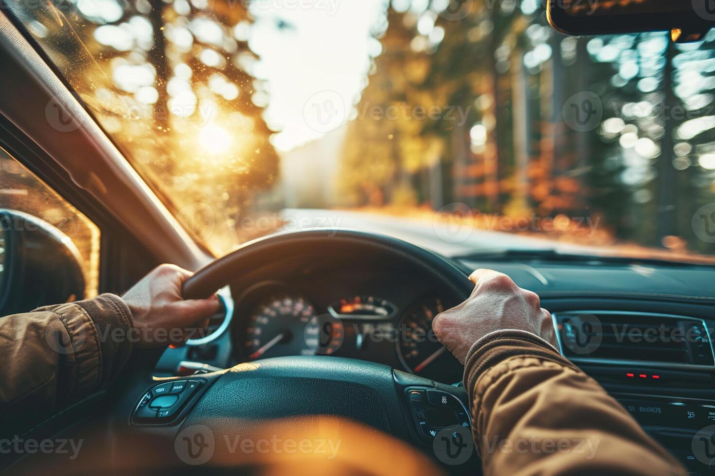 AI generated man with his hands on the steering wheel against the background of a forest at bright sunset, visible through the windshield photo