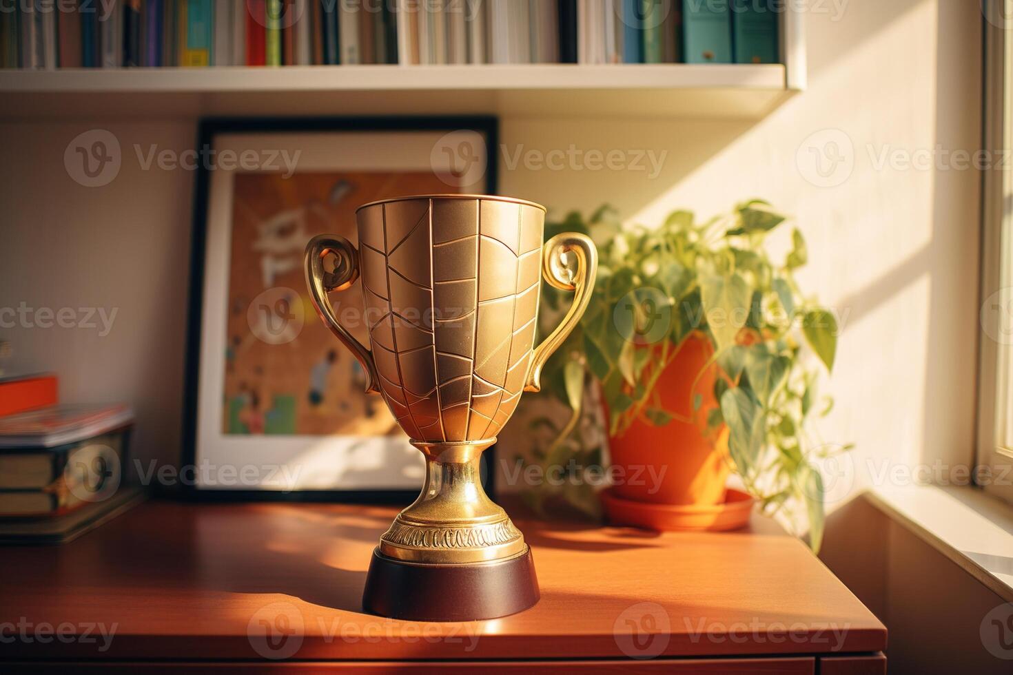 AI generated The prize for the winner is a large golden cup on the desktop among potted plants and a framed photograph. photo