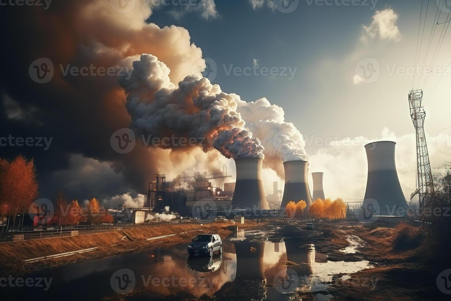 AI generated The chimneys of a thermal power plant cooling towers produce steam and are reflected in a large puddle. Pollution and ecology concept photo