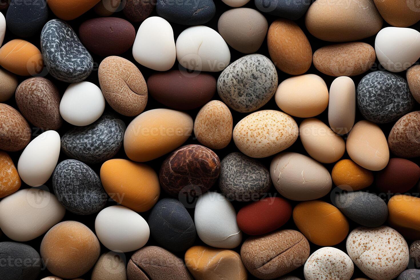 AI generated pebbles texture background, closeup smooth stones in natural colors photo