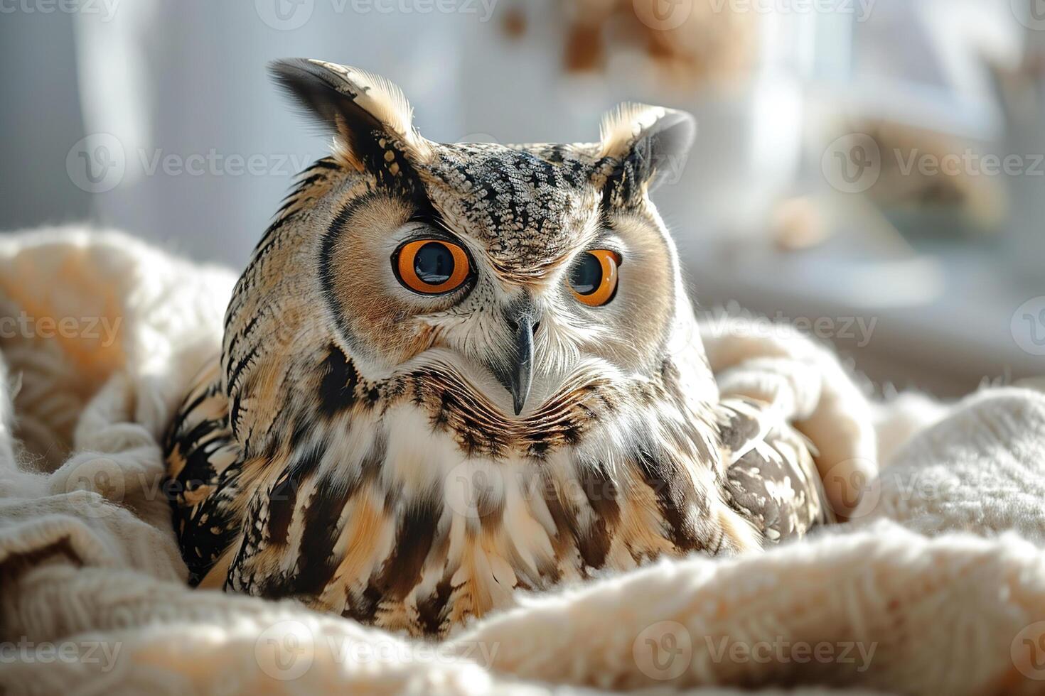 AI generated closeup of a domestic owl sitting in a cozy knitted blanket photo