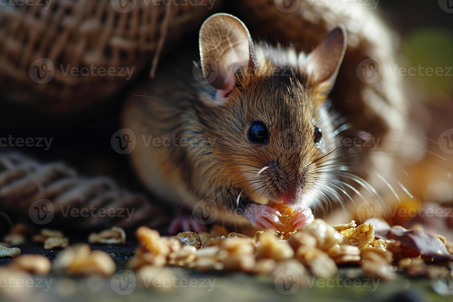 ai generado un pequeño ratón come amarillo granos mientras sentado en un Rasgado arpillera bolso foto