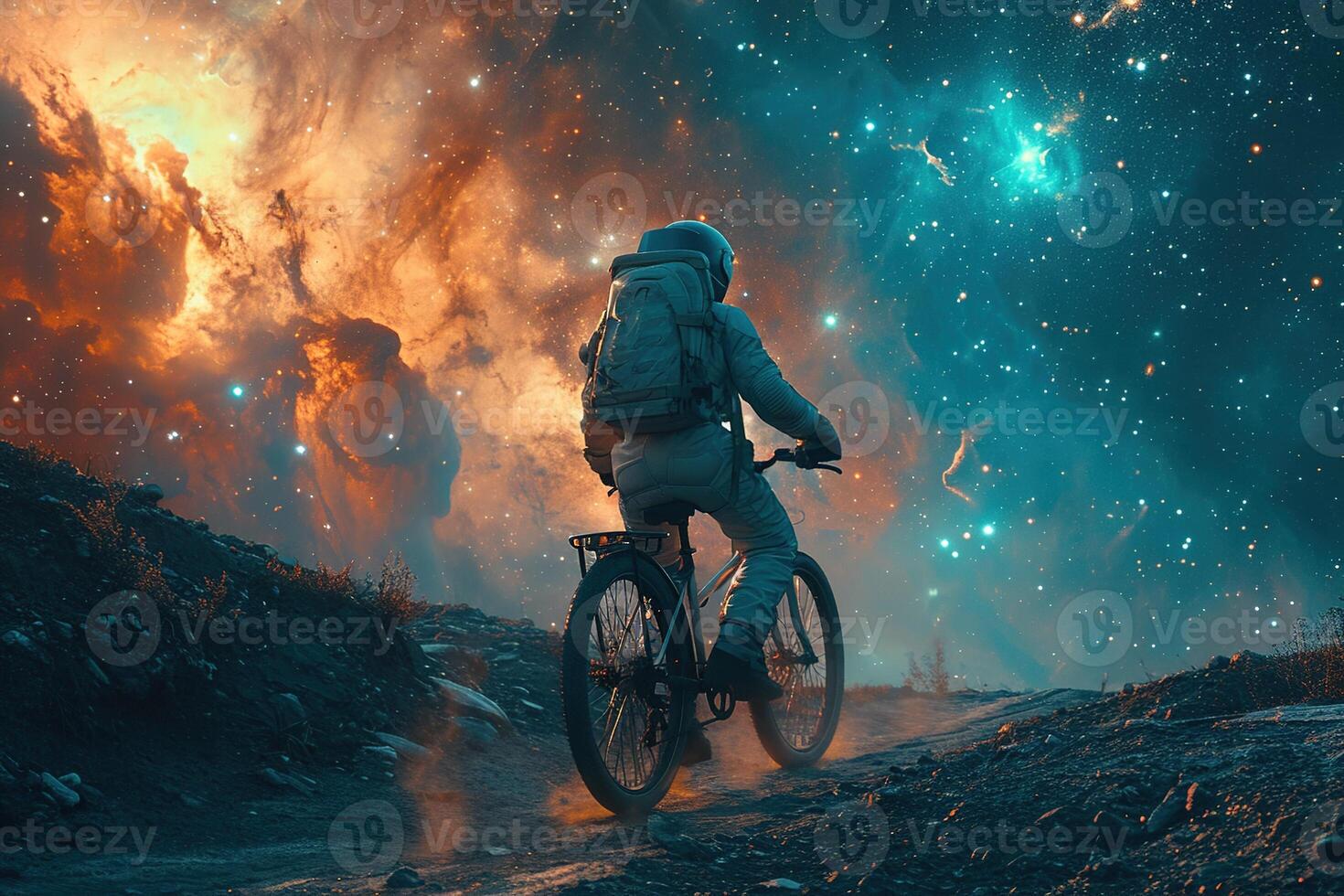 AI generated Abstract illustration of an astronaut riding a bicycle over a mountain on bright orange and blue sky universe background photo
