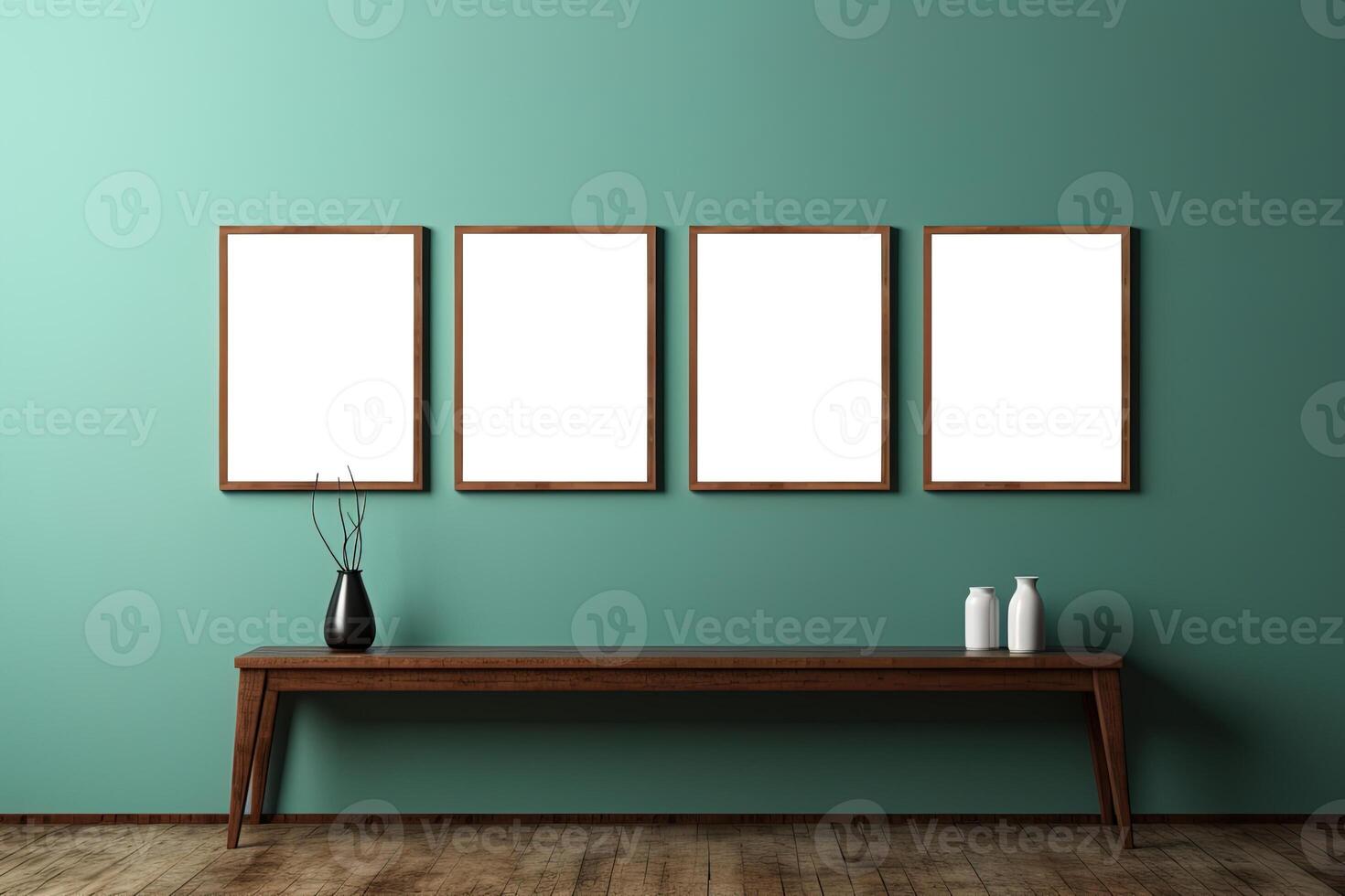 AI generated Room interior in blue color with wooden table and four mockup blank pictures photo
