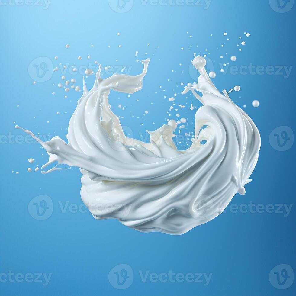 AI generated Falling white cream milk yogurt swirl falling on a blue background photo