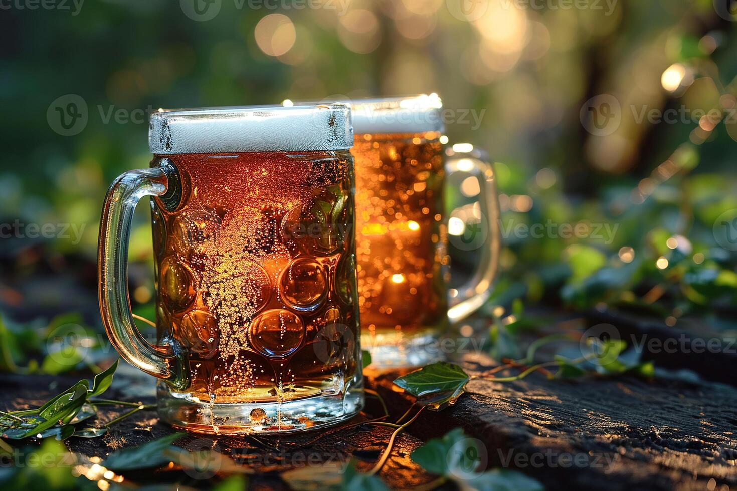 AI generated closeup two mugs of beer with foam on a wooden board on blurred green wood background photo