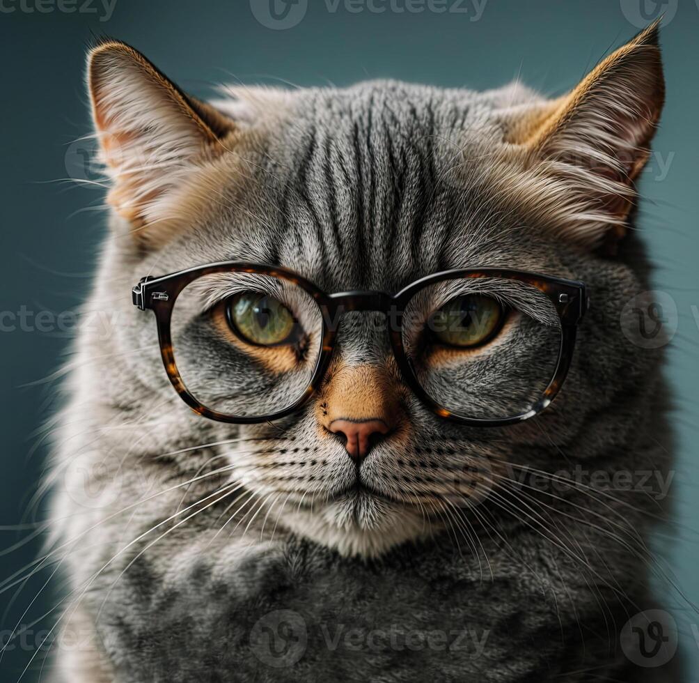 AI generated intelligent cat with glasses. Generative AI photo