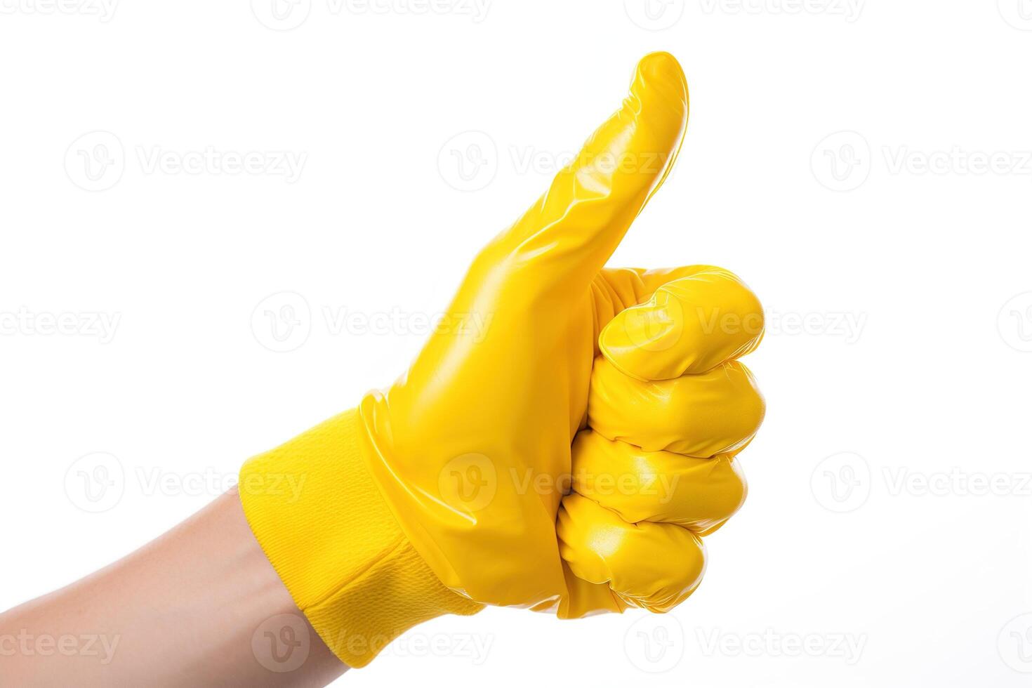 ai generado humano mano en amarillo protector guante con pulgar arriba foto