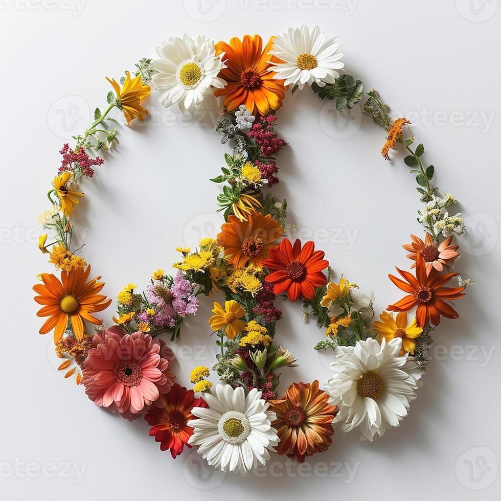AI generated peace symbol made of different flowers isolated on a white background, love and peace concept photo
