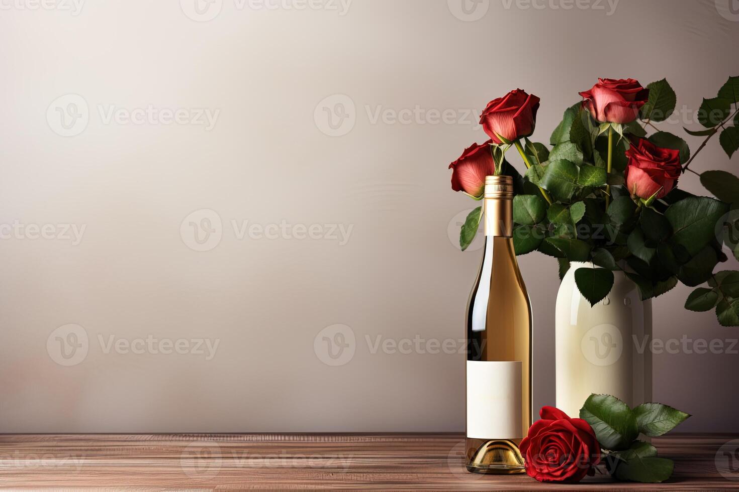 AI generated bouquet of red roses flowers in vase and bottle of wine on wooden table with copy space, romantic template design photo