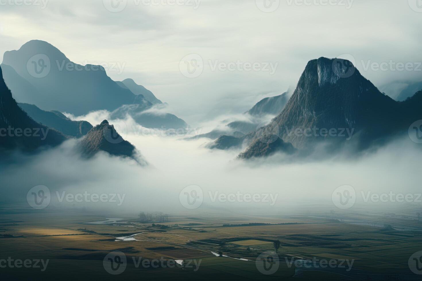 ai generado hermosa paisaje ver de el Valle y silueta montañas en el niebla a frío noche foto