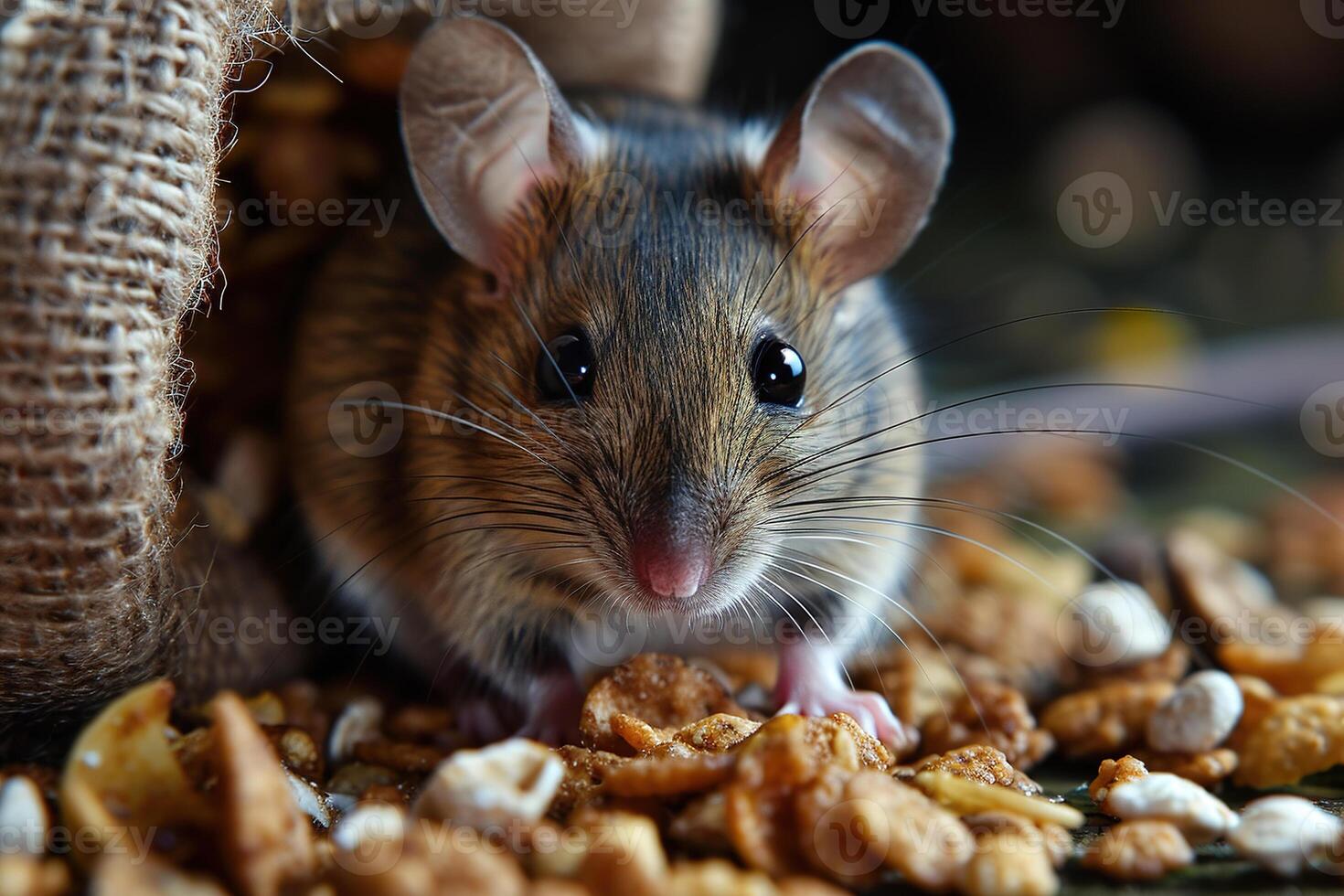 AI generated A tiny mouse eats grains while sitting in a gnawed grey burlap bag photo