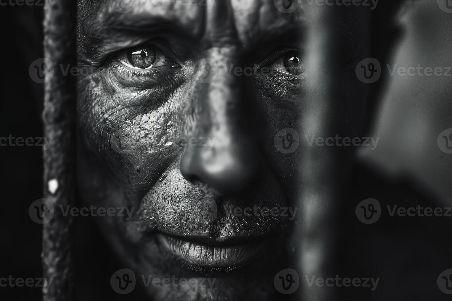 AI generated Closeup monochrome portrait of depressed sweaty prisoner behind bars photo