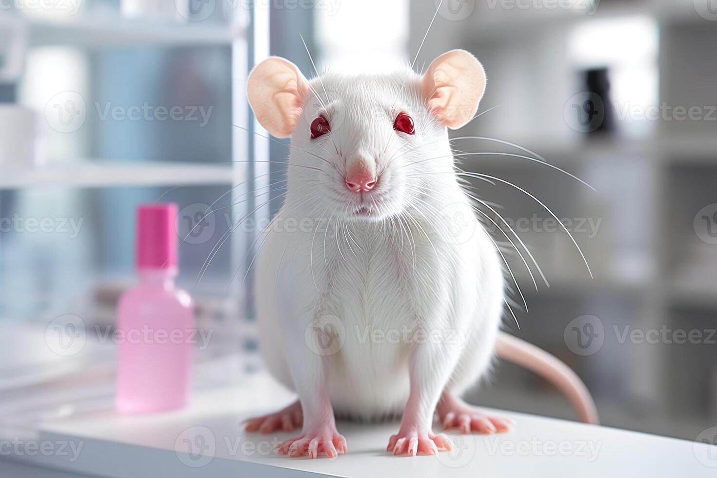 AI generated adorable small laboratory white rat on the table on blurred background photo