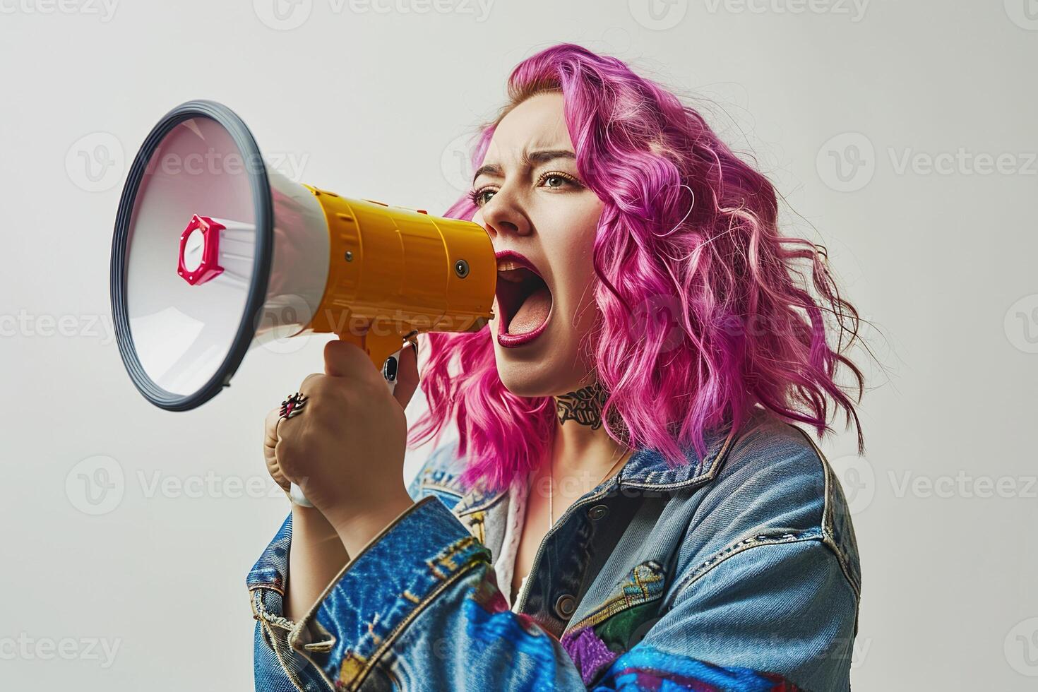 AI generated Pink haired young woman in a decorated denim jacket shouts angrily into a loudspeaker photo