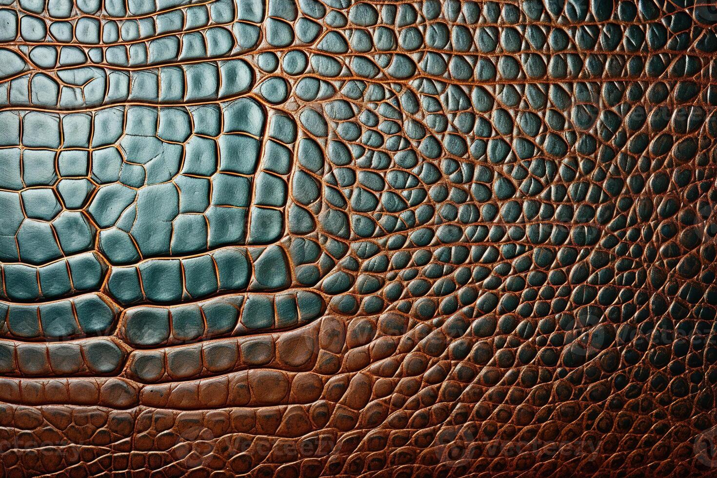 AI generated Abstract closeup brown green crocodile skin, luxury textured background photo