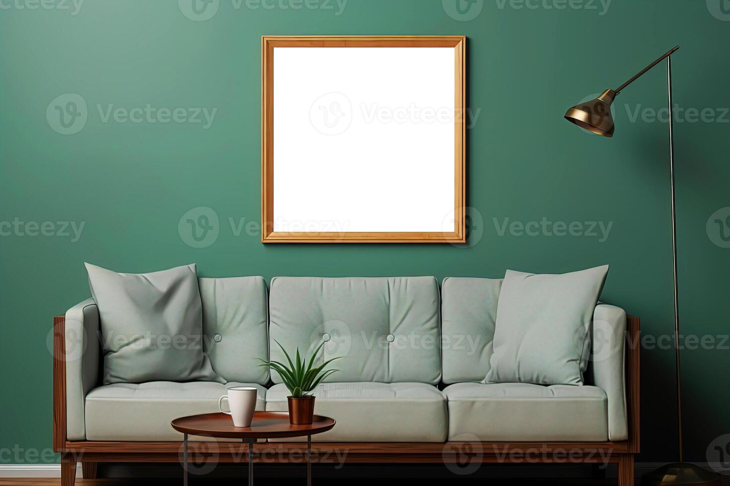 AI generated Room interior with sofa with pillows, lamp, plant on a small table and mockup blank picture on a wall photo