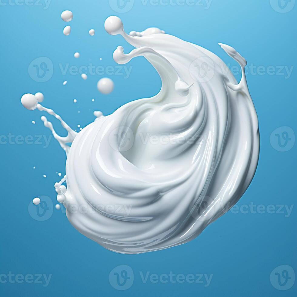 AI generated Falling white cream milk yogurt falling on a blue background photo