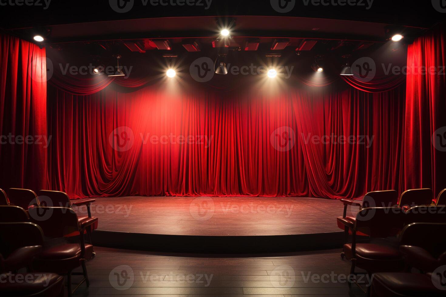 AI generated view of an empty stage of a theater or standup comedy club with red curtain photo