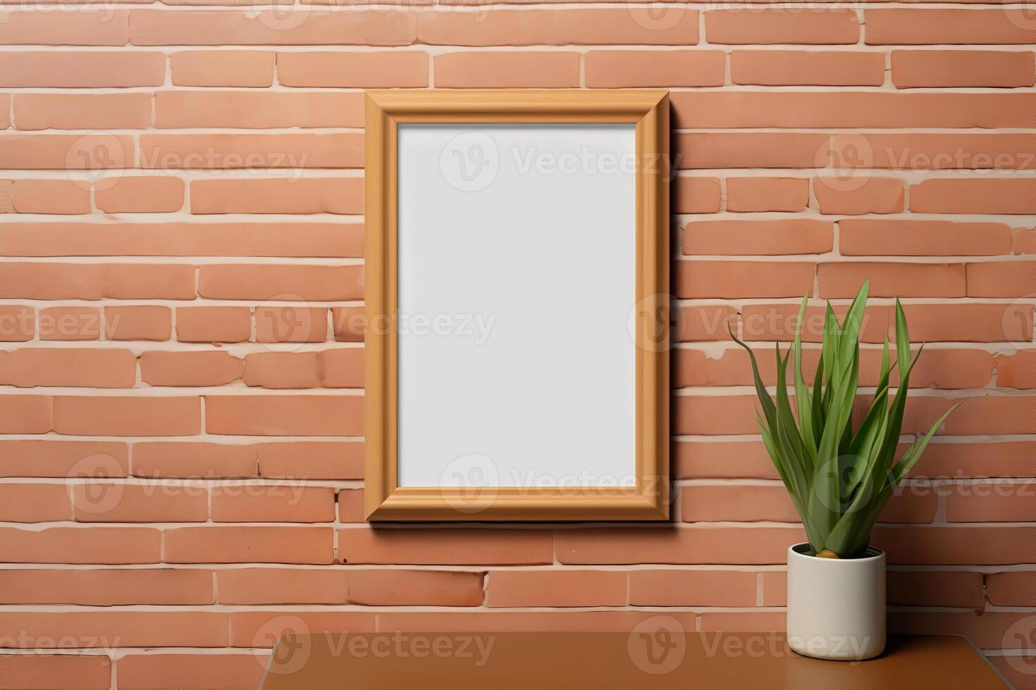 AI generated Brick wall with empty mockup in wooden frame over wooden table with potted plant photo