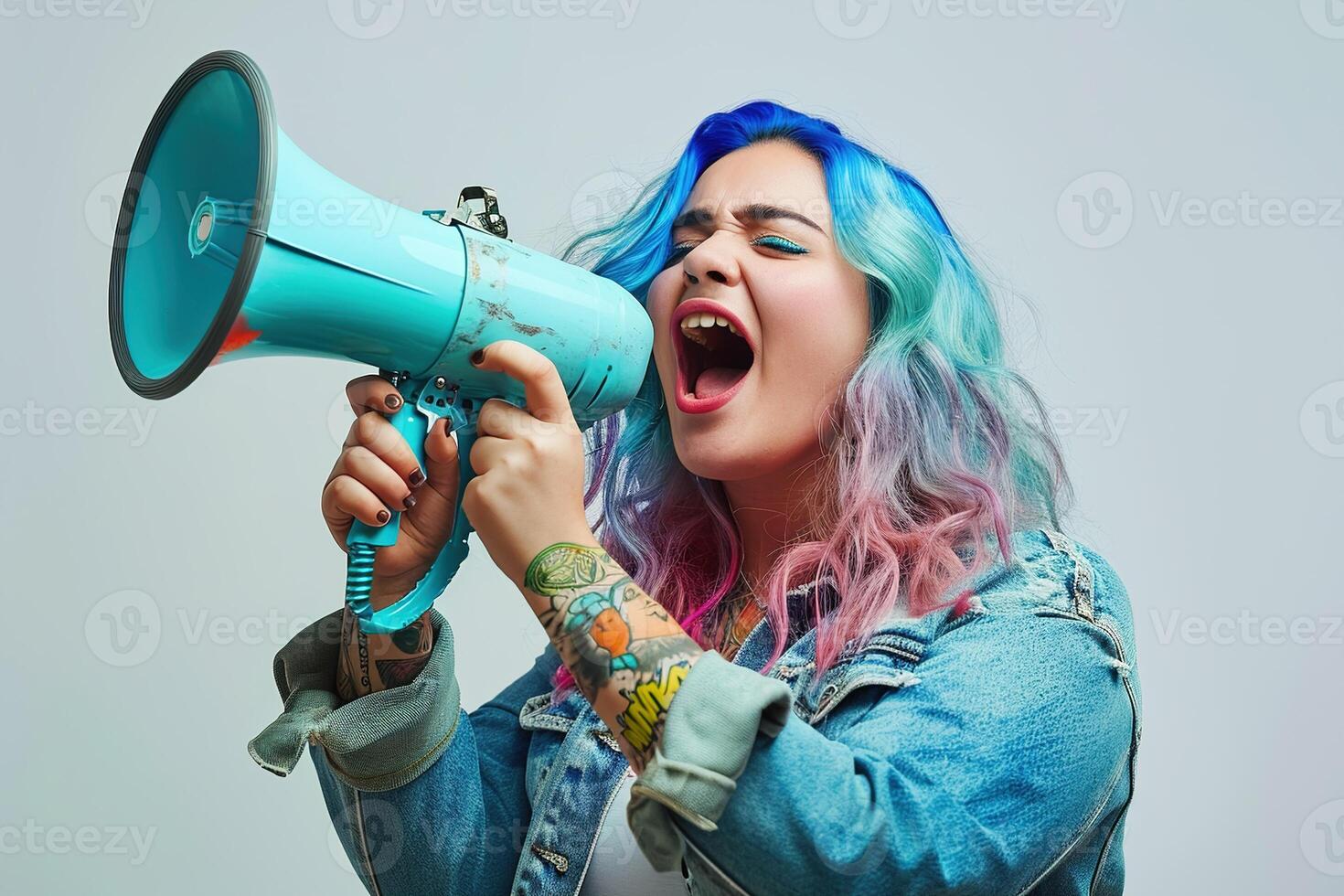 AI generated A plus size blue pink haired young woman in a jeans jacket sings emotionally into a loudspeaker. photo