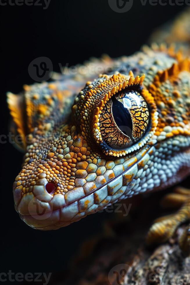 AI generated Vertical macro portrait focused on the large eye of a yellow gecko sitting on the bark of a tree with against a dark background photo
