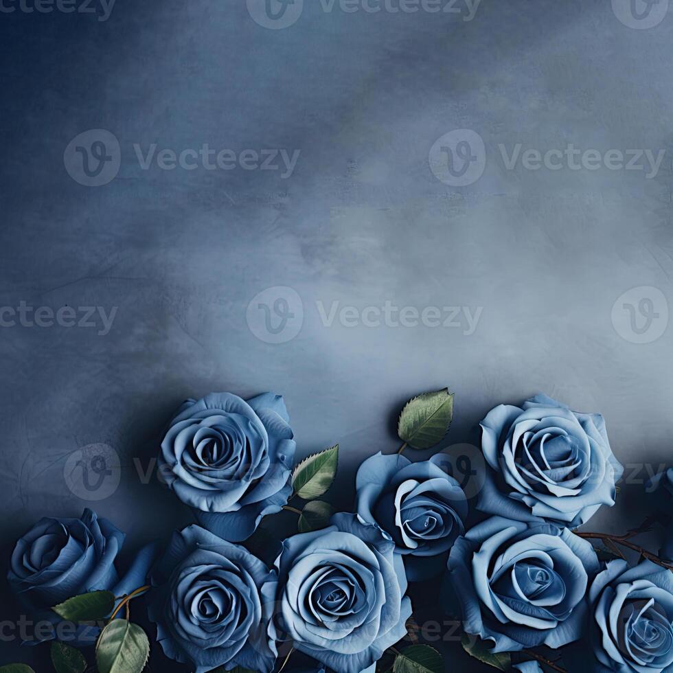 AI generated blue roses frame on pale blue background top view, beautiful floral template with copy space photo