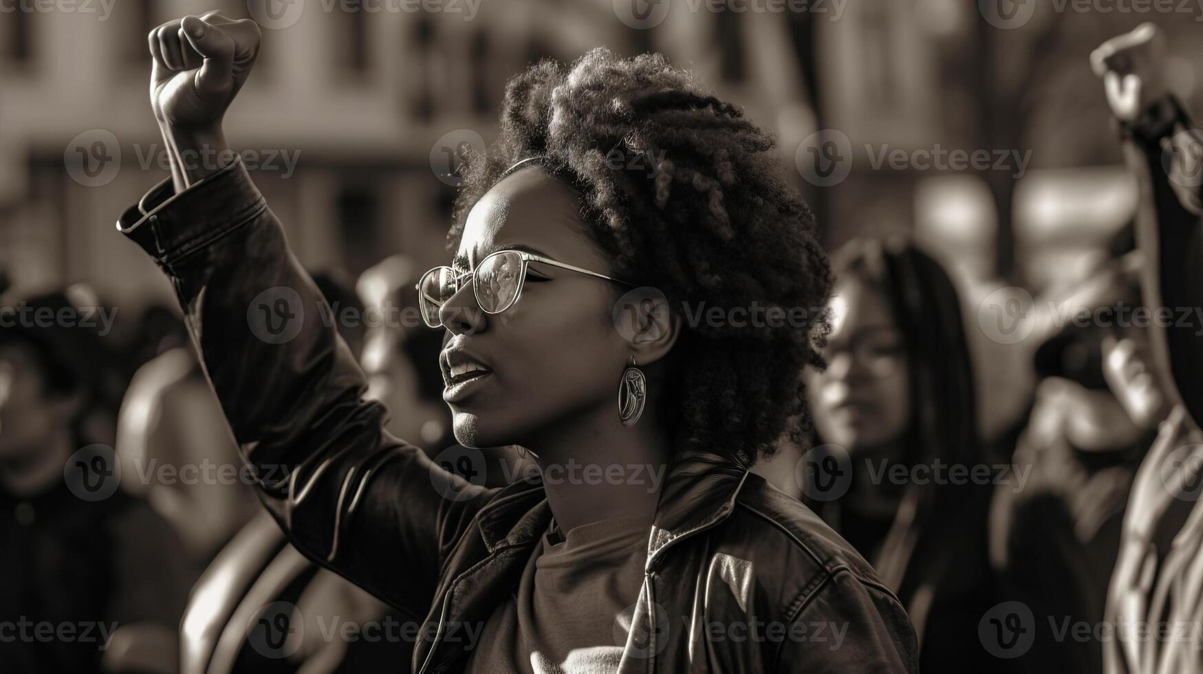 ai generado monocromo imagen de un joven africano americano mujer en lentes levantamiento puño en protesta gesto en contra borroso multitud antecedentes foto