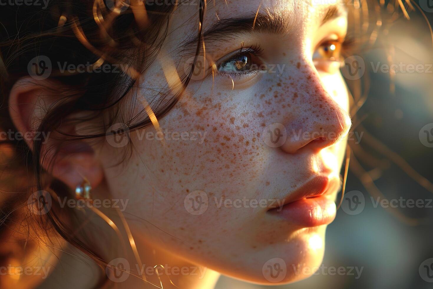AI generated Close up side view portrait of a beautiful brown eyed young freckled brunette woman with curly hair photo