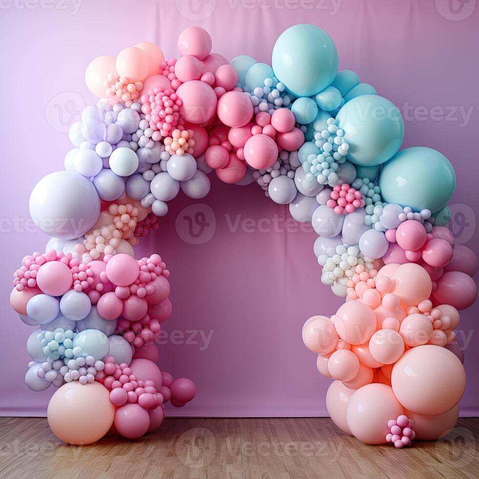 AI generated Decoration of an arch with balloons for a party in pastel colors on a pink background photo