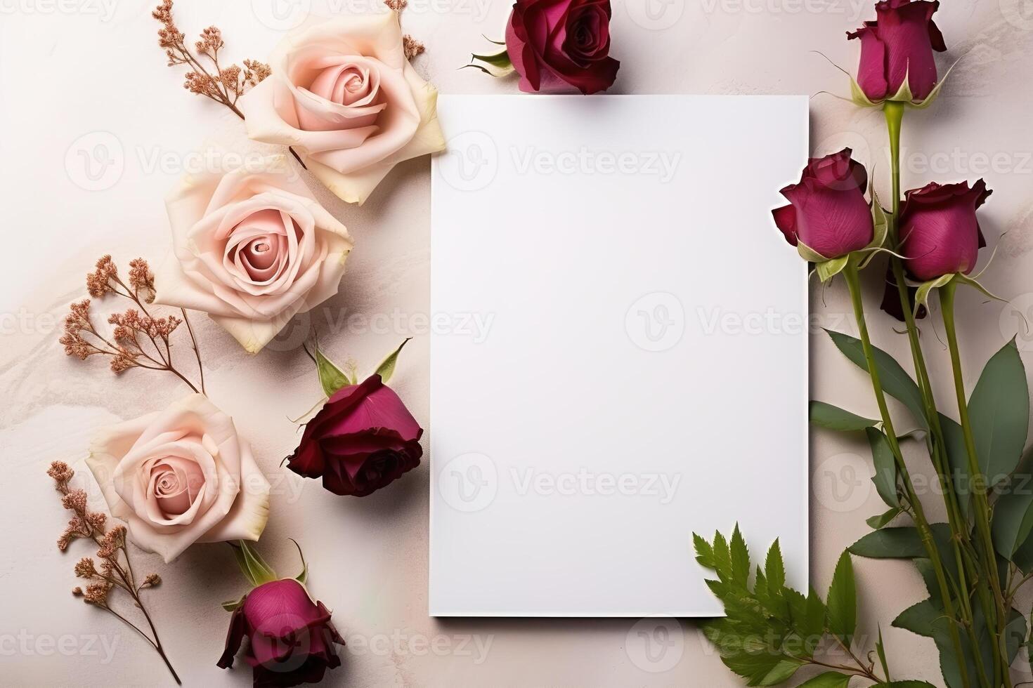 AI generated mockup white blank paper sheet with burgundy and pink roses top view, template empty card flat lay with copy space photo