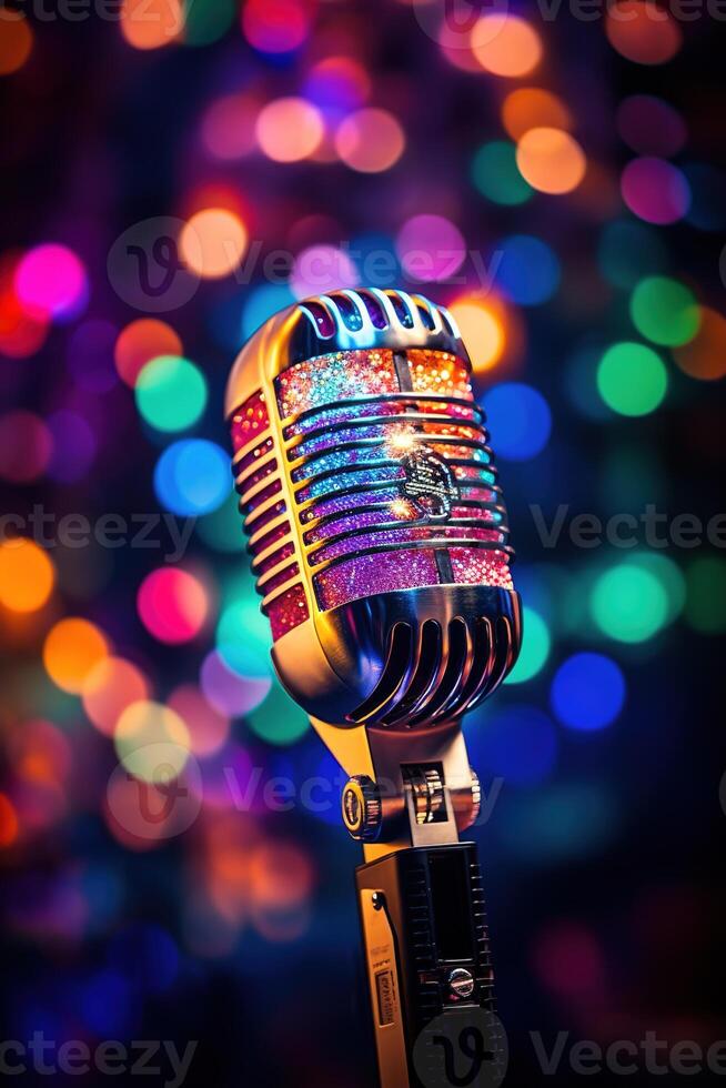 AI generated vertical image of stylish old retro microphone on multicolored lighting bokeh background photo