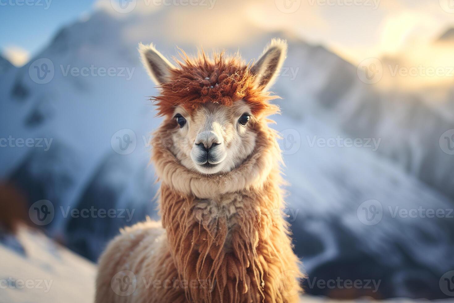 ai generado retrato de mullido alpaca llama en un borroso antecedentes de Nevado montañas en un soleado día foto