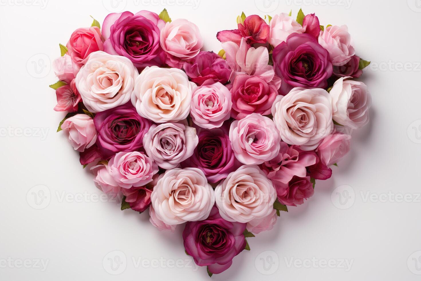 AI generated heart made of red and pink roses on white background top view, valentines day design card photo