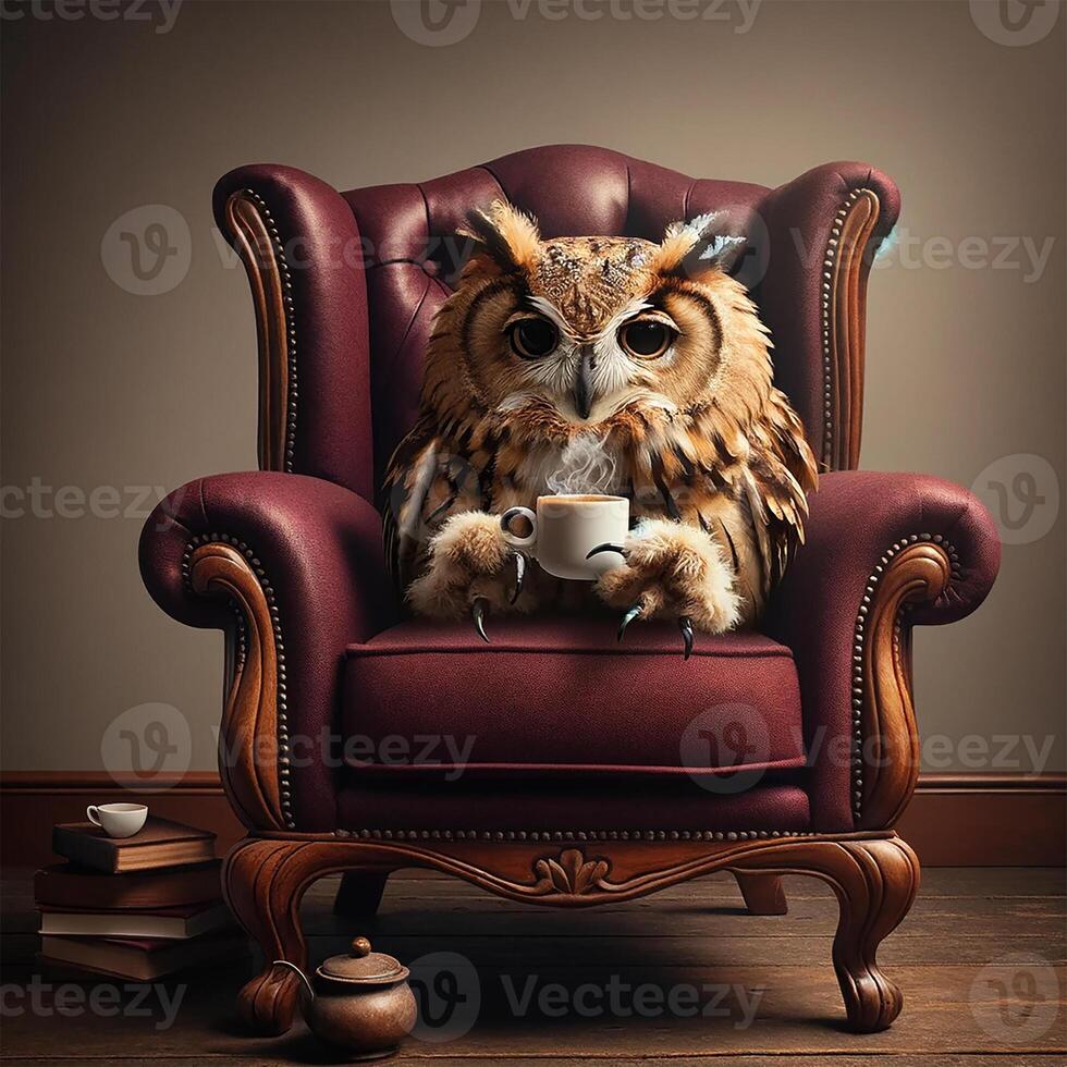 AI generated The owl drinks coffee and sits in the armchair. Anthropomorphic animals. Generative AI. photo