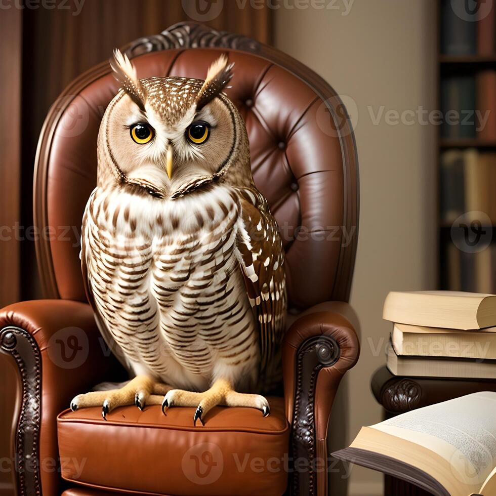 AI generated The owl is reading a book and sitting in the armchair. Anthropomorphic animals. Generative AI. photo