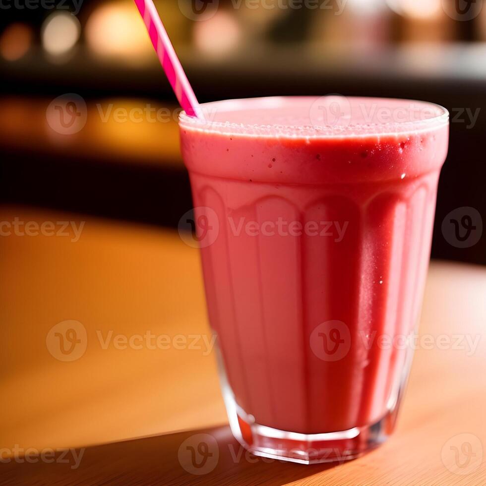 AI generated Healthy strawberry smoothie in a transparent glass with strawberries. Generative AI. photo