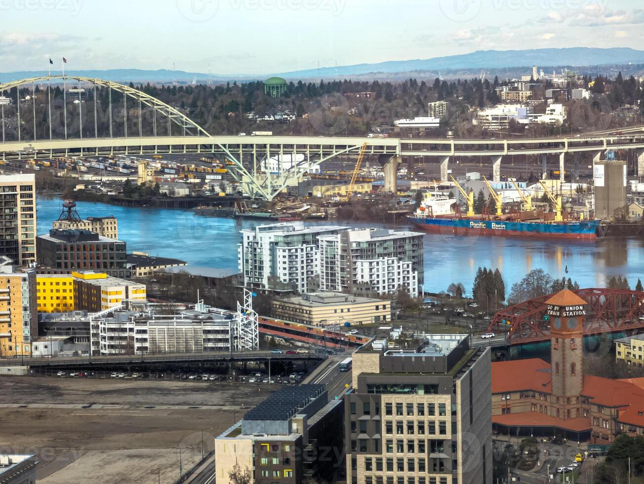 Views of Portland from a high point in the city. View from the window of the Portland City Grill seafood restaurant. photo