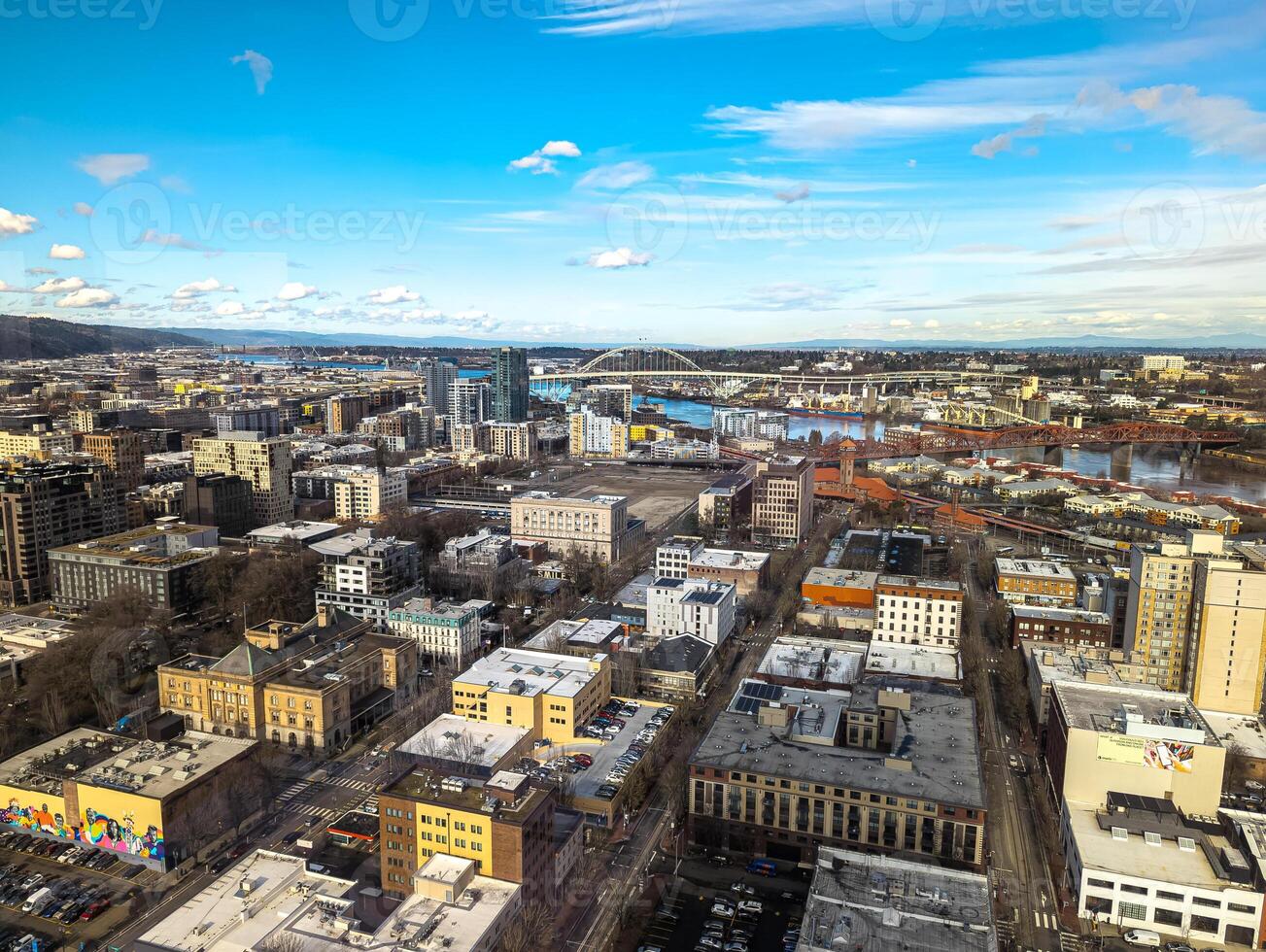 Views of Portland from a high point in the city. View from the window of the Portland City Grill seafood restaurant. photo