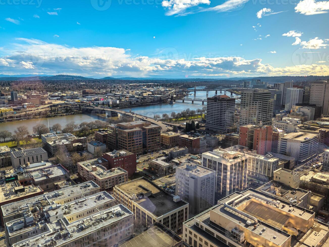 Views of Portland from a high point in the city. View from the window of the Portland City Grill seafood restaurant. photo