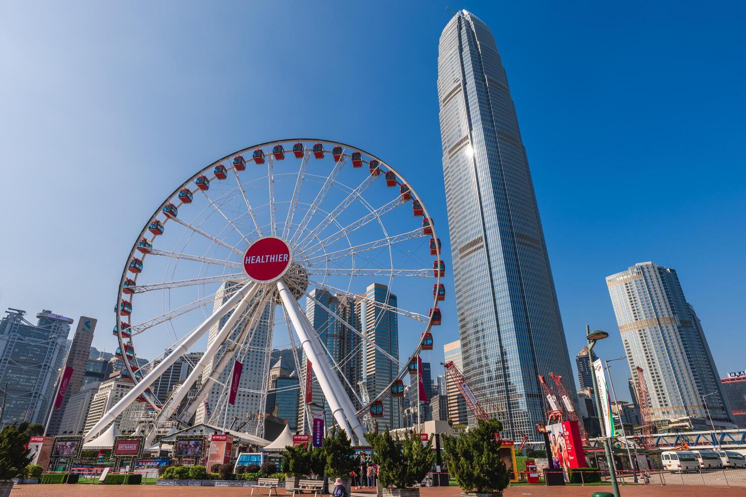 Hong Kong Observation Wheel, located at the Central Harbourfront, Central, Hong Kong, has 42 gondolas and is currently operated by The Entertainment Corporation Limited, TECL. photo