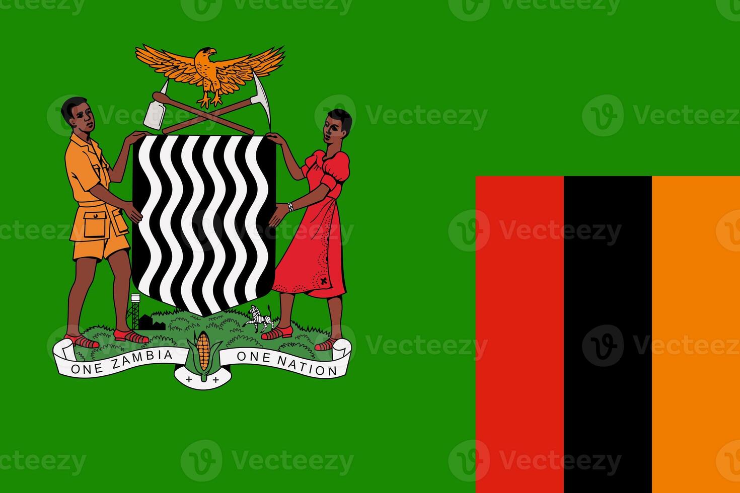 el oficial Actual bandera y Saco de brazos de república de Zambia. estado bandera de Zambia textura. ilustración. foto