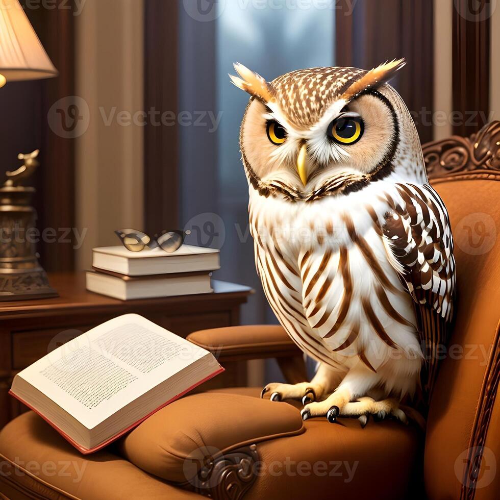 AI generated The owl is reading a book and sitting in the armchair. Anthropomorphic animals. Generative AI. photo