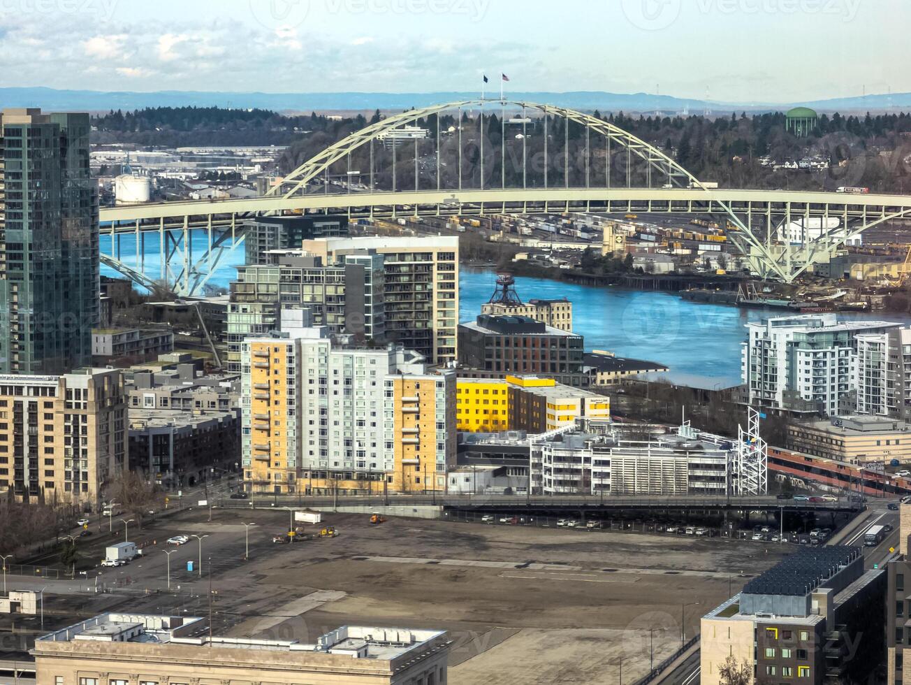 Views of Portland from a high point in the city. View from the window of the Portland City Grill seafood restaurant. photo