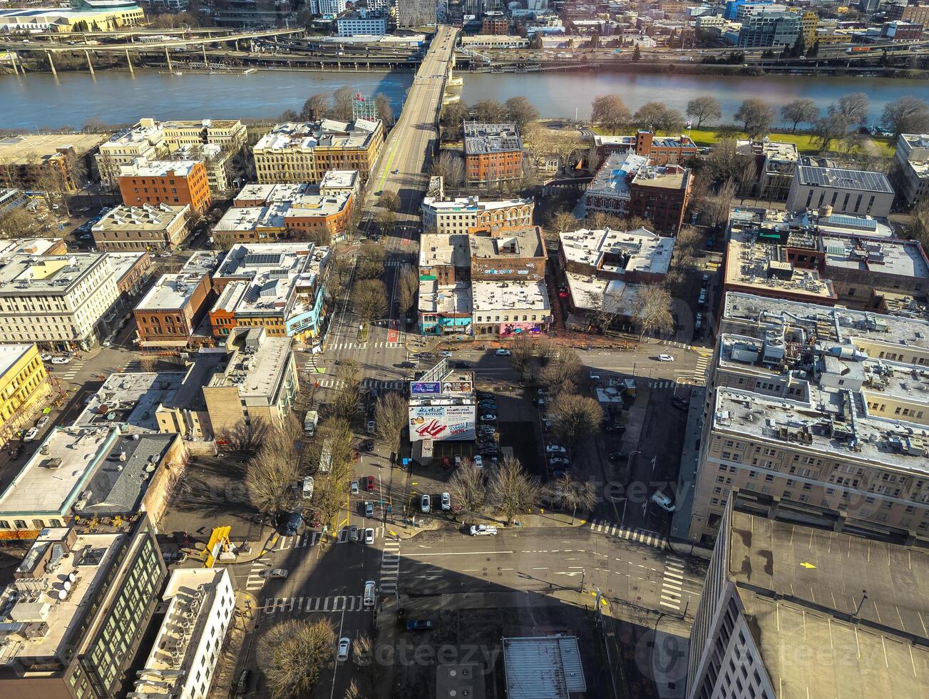 Views of Portland from a high point in the city. View from the window of the Portland City Grill seafood restaurant. photo