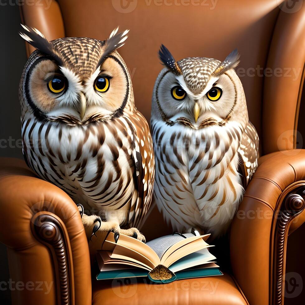 AI generated The owl is reading a book and sitting in the armchair. Anthropomorphic animals. Generative AI. photo