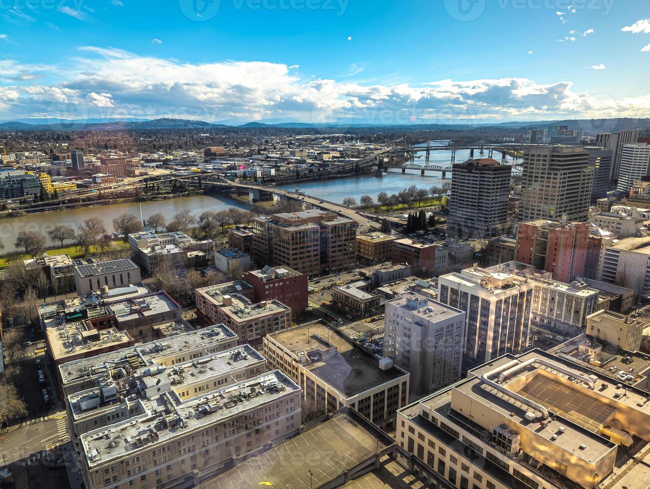 Views of Portland from a high point in the city. View from the window of the Portland City Grill seafood restaurant. photo